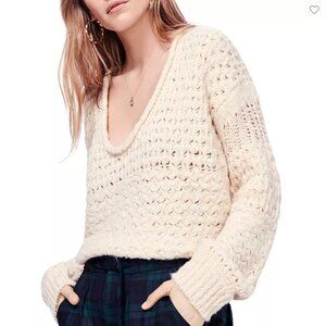 Free People Crashing Waves Crochet Pullover Wool Blend Sweater Sz Medium